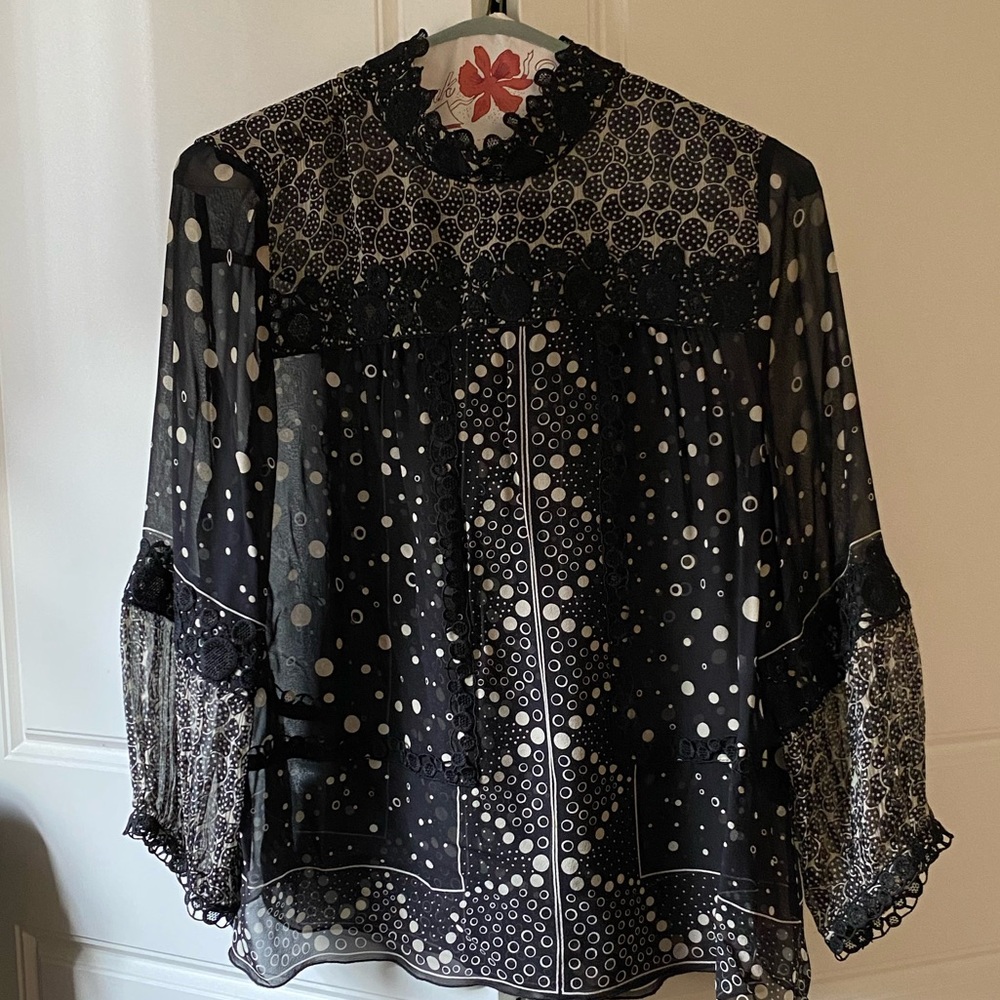 Anna Sui sheer black and white lace-trimmed blouse. Size L.